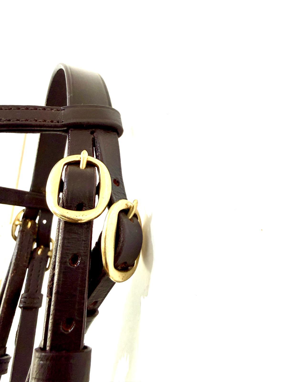 "Black leather in-hand show bridle with brass fittings – Sui Saddlery"