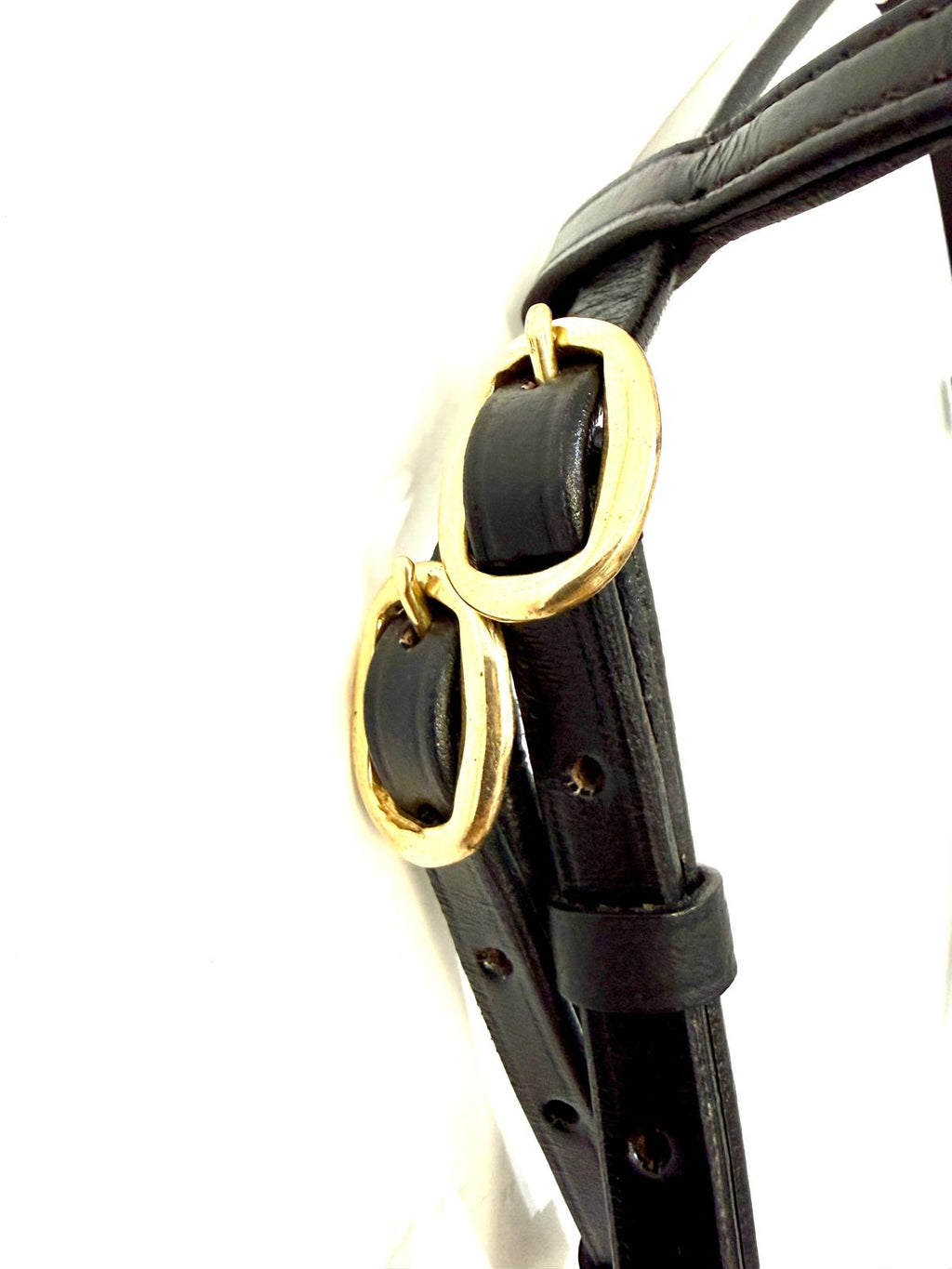 "In-hand show bridle browband and noseband brass detail – Sui Saddlery"