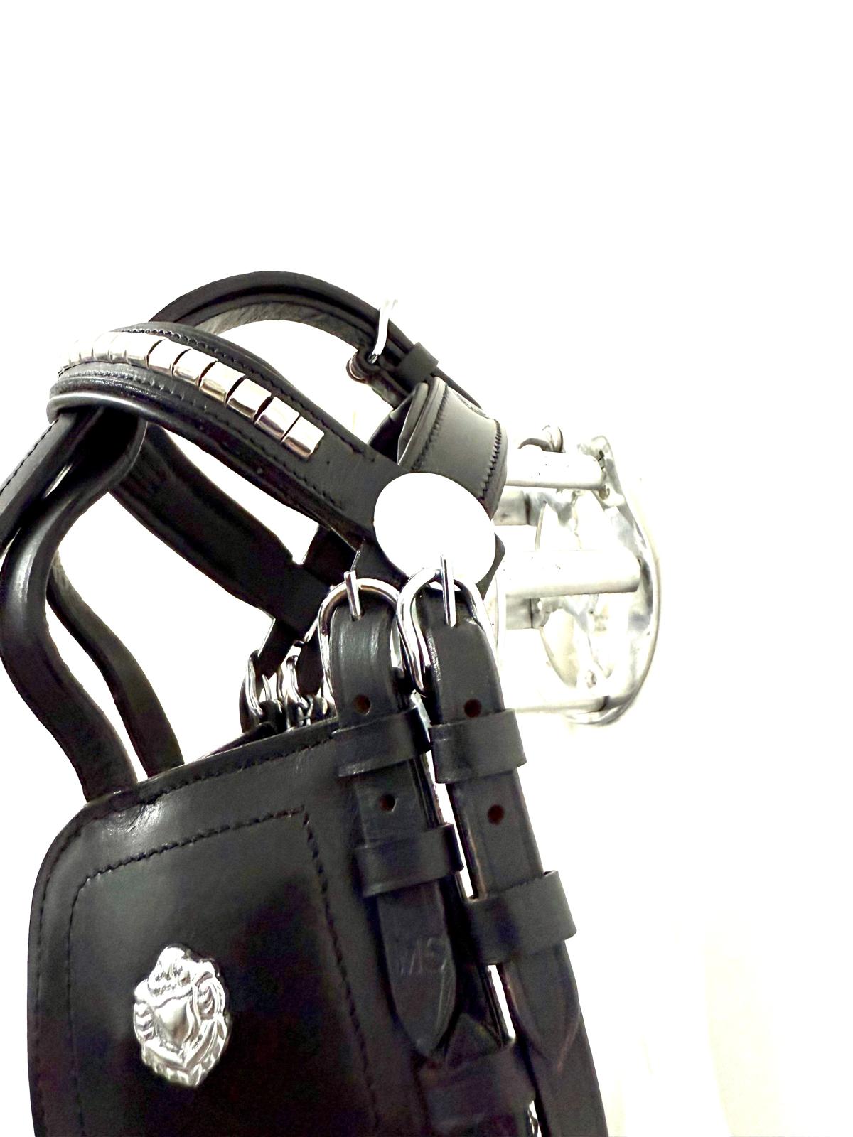 "Miniature Shetland driving bridle laid flat black and brown – Sui Saddlery"