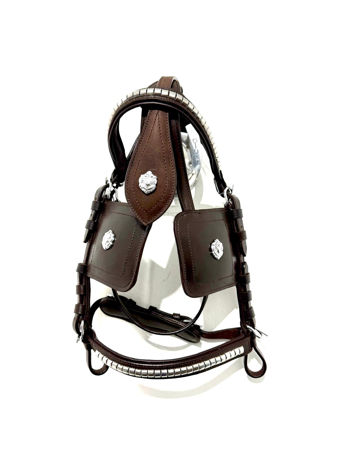 "Black leather big pony driving bridle with blinkers side view – Sui Saddlery"