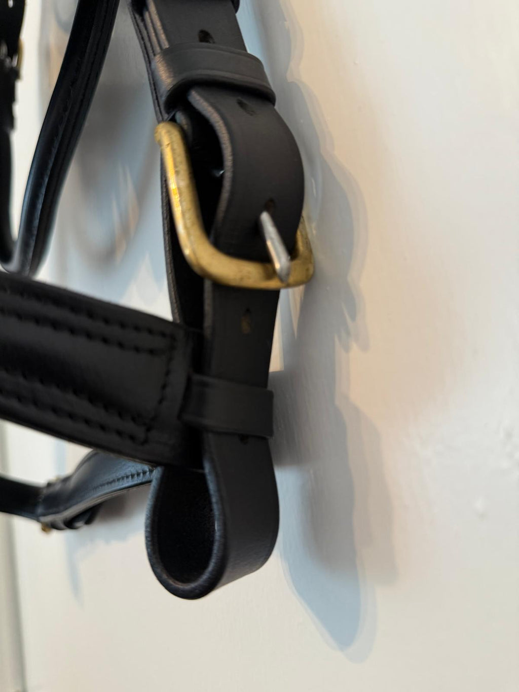 "Black patent leather draft horse bridle with brass buckles side view – Sui Saddlery"