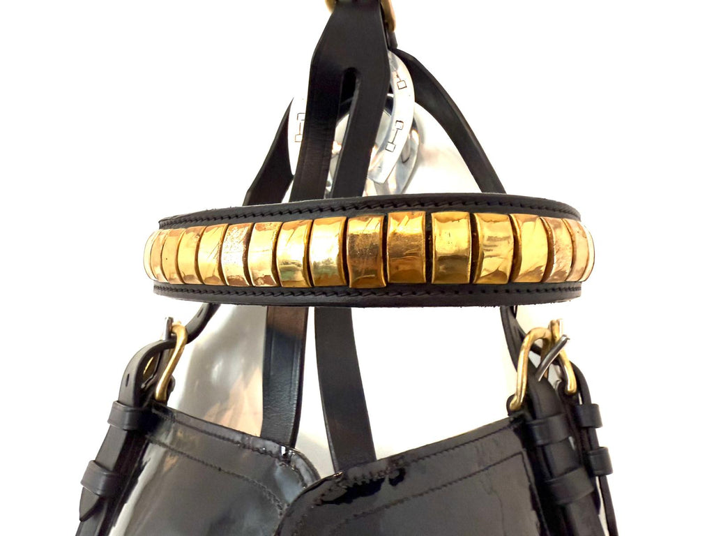 "Draft horse driving bridle black patent laid flat product shot – Sui Saddlery"