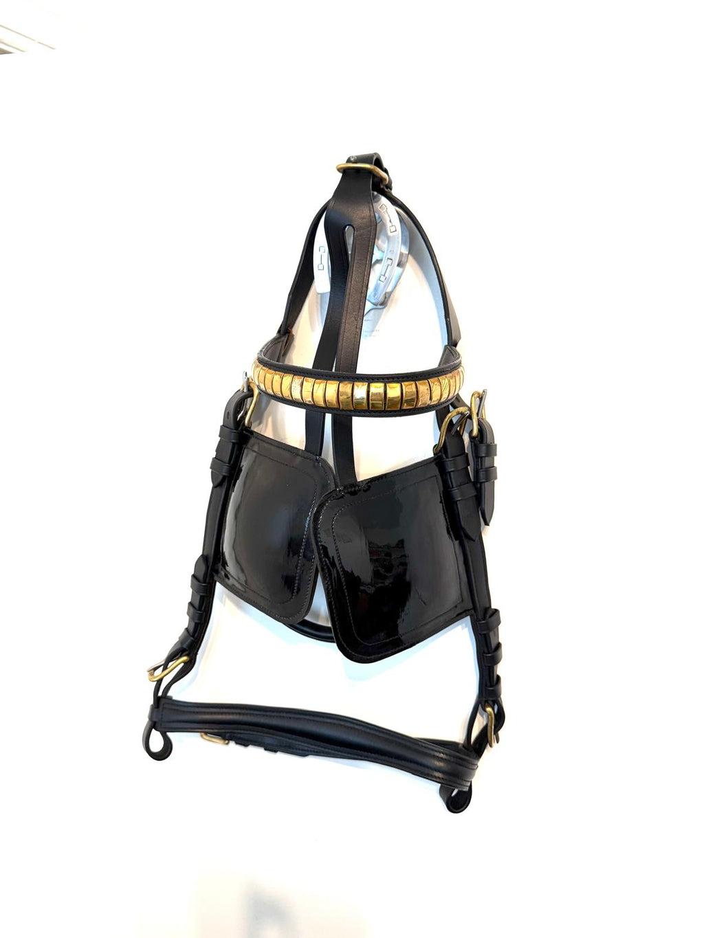 "Draft horse driving bridle black patent leather brass fittings – Sui Saddlery"