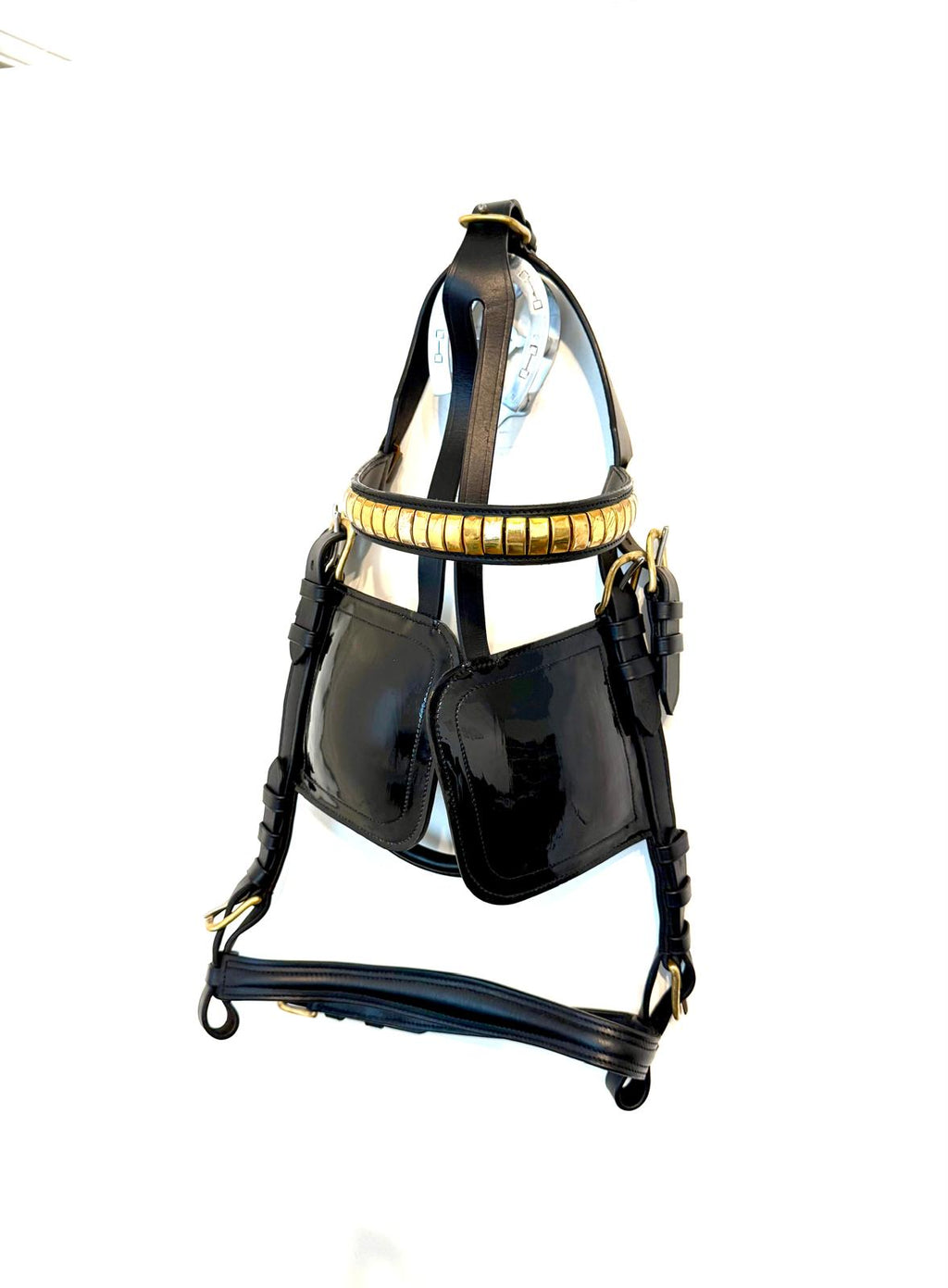 "Premium draft horse bridle black patent leather full view – Sui Saddlery"