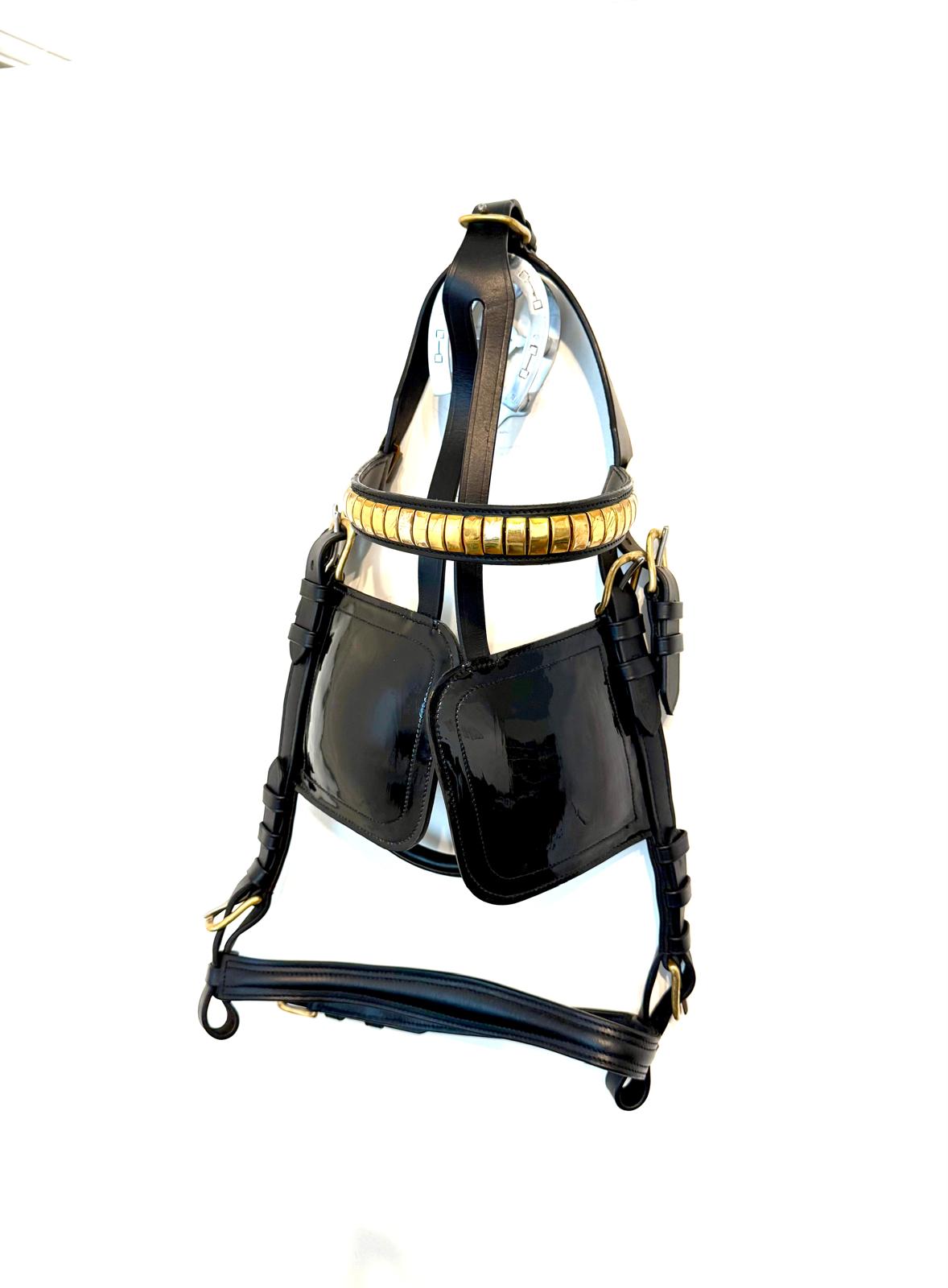 "Premium draft horse bridle black patent leather full view – Sui Saddlery"