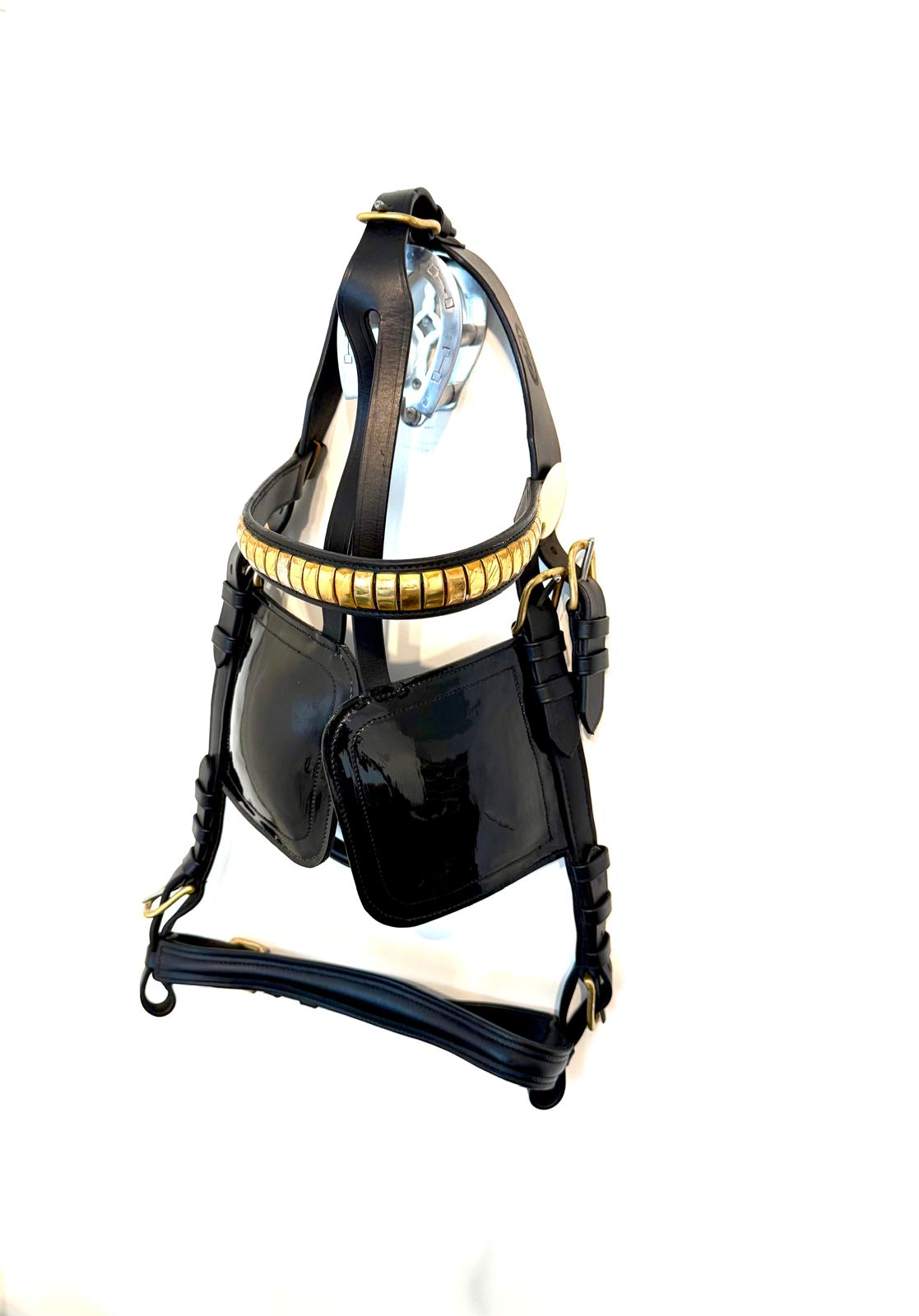"Heavy horse driving bridle black patent brass fittings close up – Sui Saddlery"