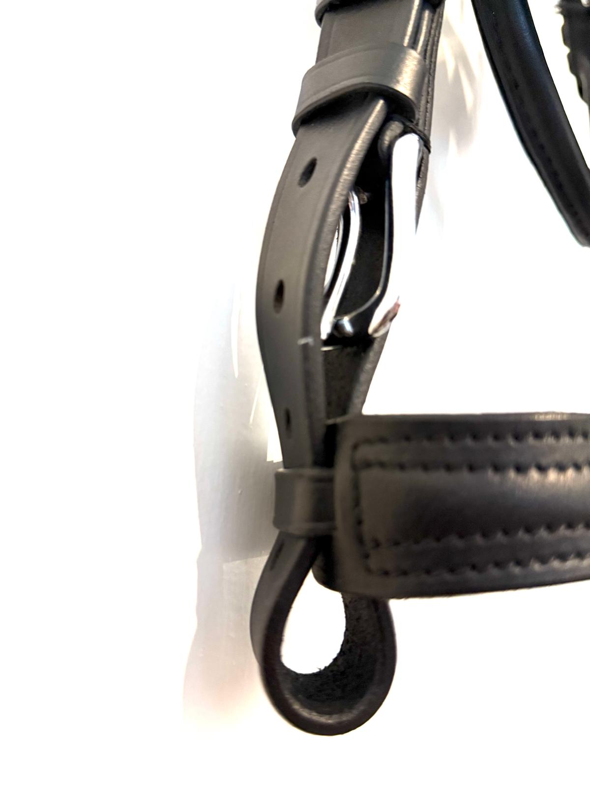 "Silver clincher browband on black patent driving bridle – Sui Saddlery"