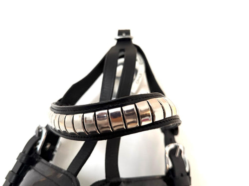"Black patent leather driving bridle blinkers side view white metal fittings – Sui Saddlery"