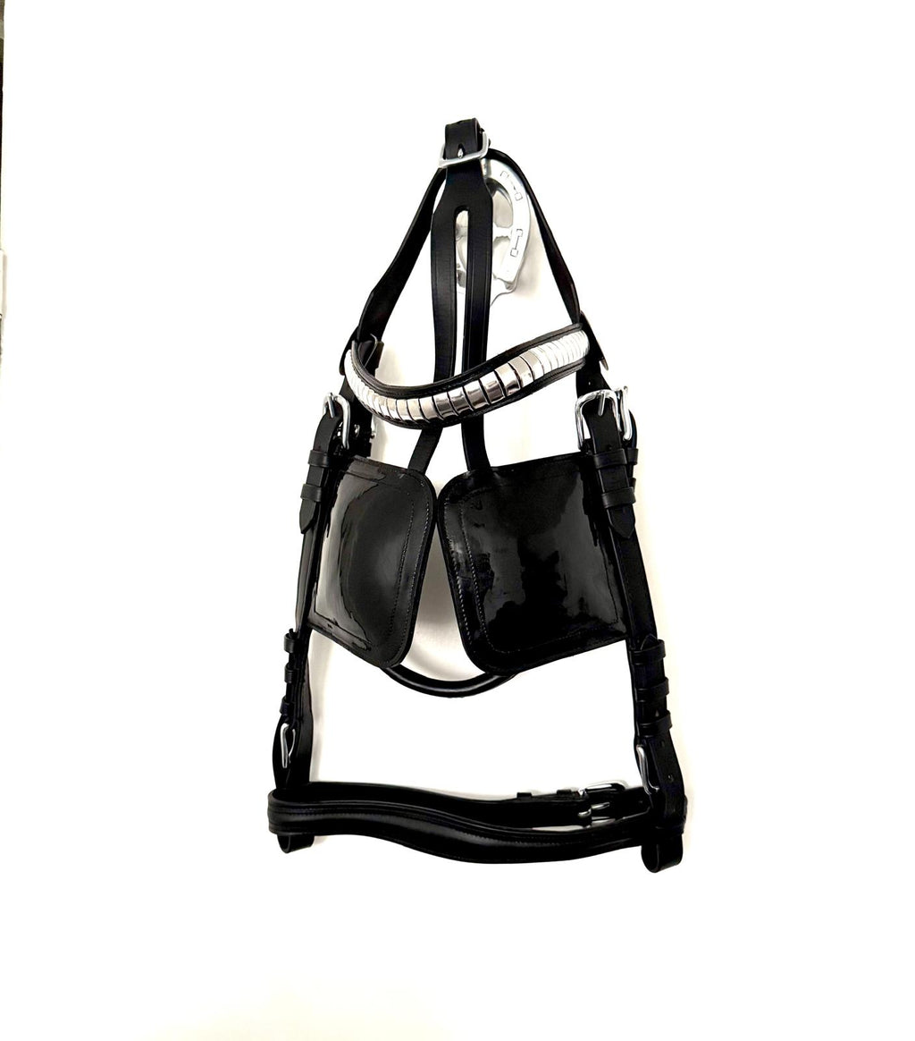 "Black patent driving bridle noseband and cheekpiece detail – Sui Saddlery"