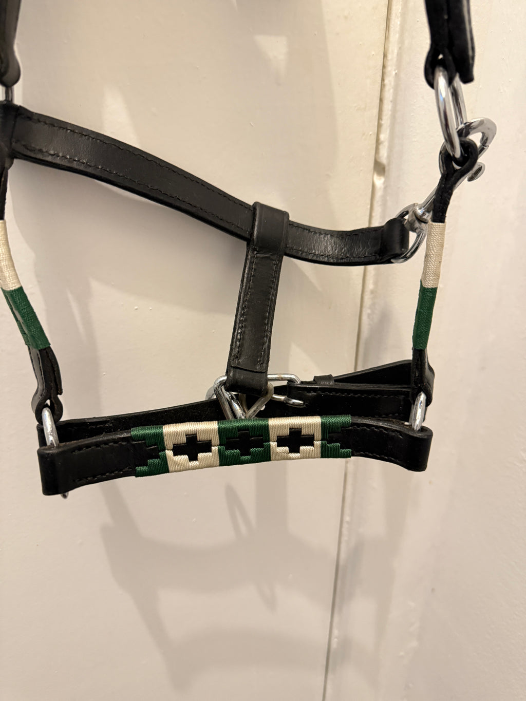 "Polo green and cream leather head collar mini Shetland full view – Sui Saddlery"
