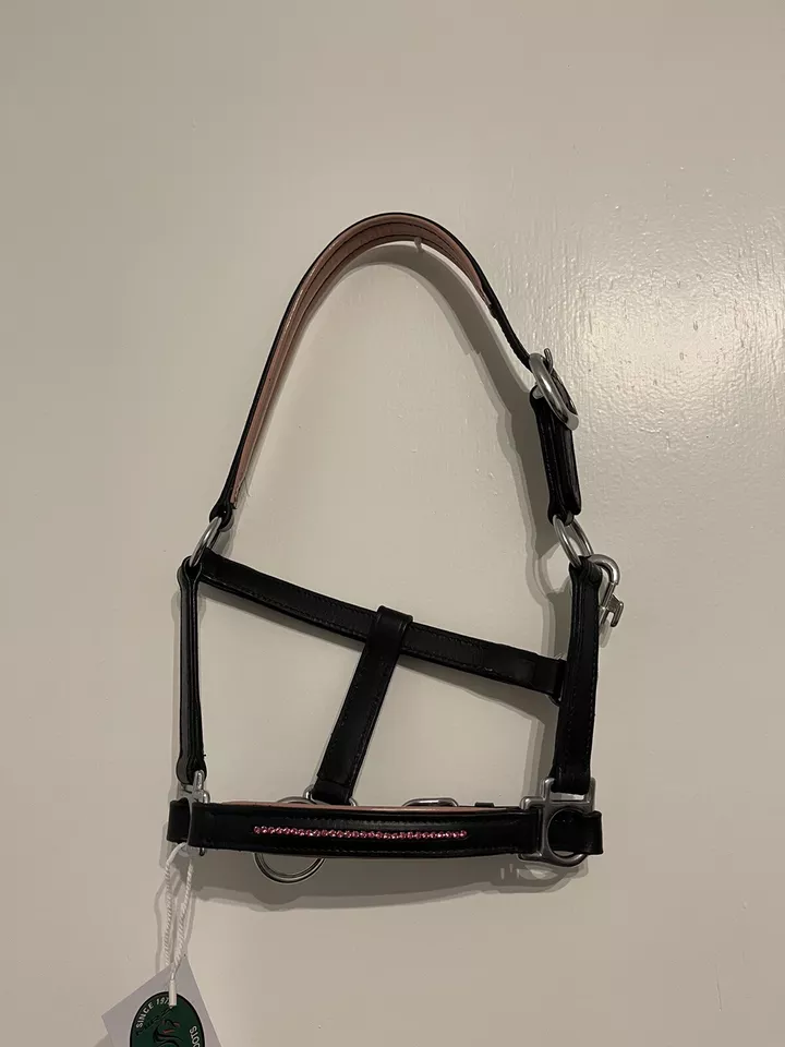 MINI SHETLAND LEATHER HEAD COLLAR IN BLACK WITH PINK BLING